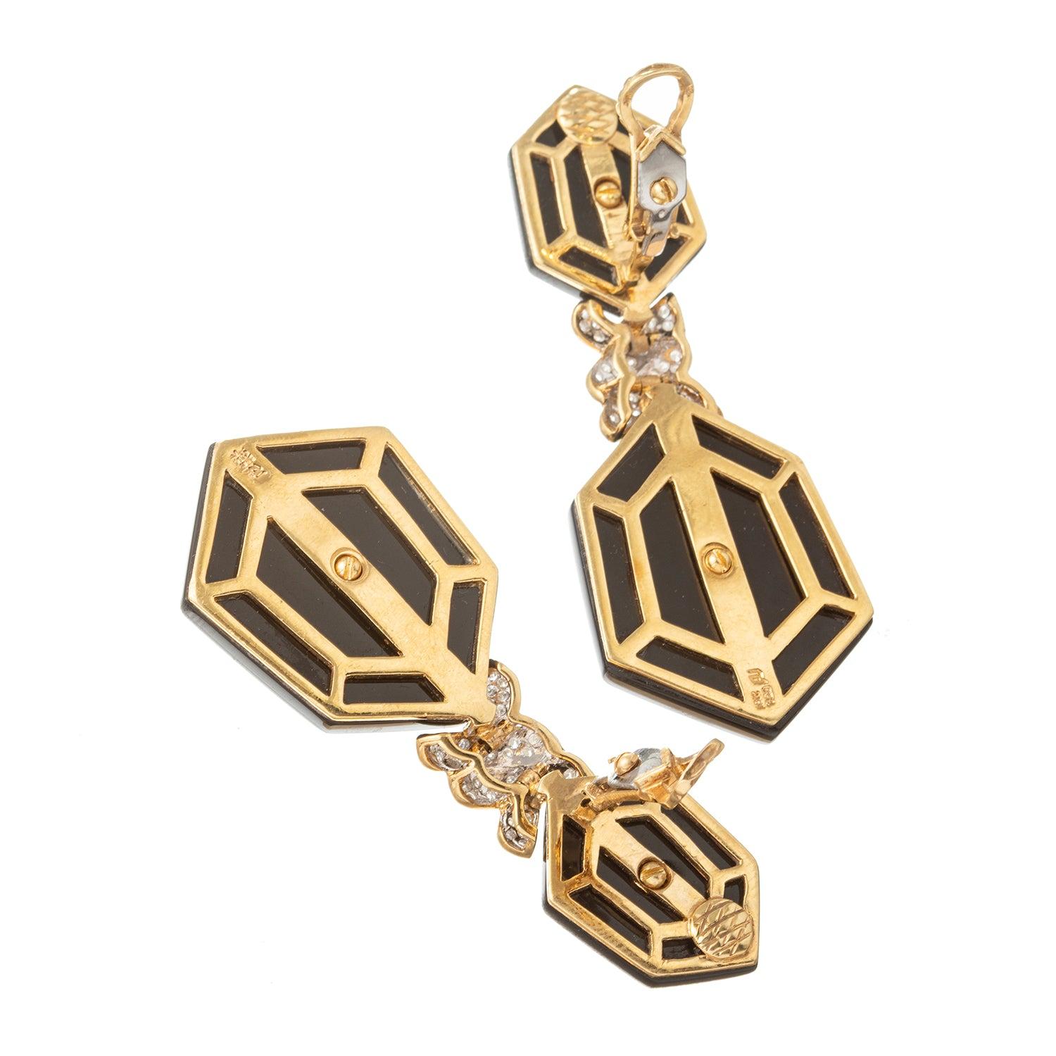 Art Deco 18k Yellow Gold Black Onyx Diamond Drop Earrings