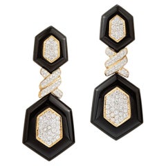 Vintage 18k Yellow Gold Black Onyx Diamond Drop Earrings