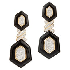 18k Yellow Gold Black Onyx Diamond Drop Earrings