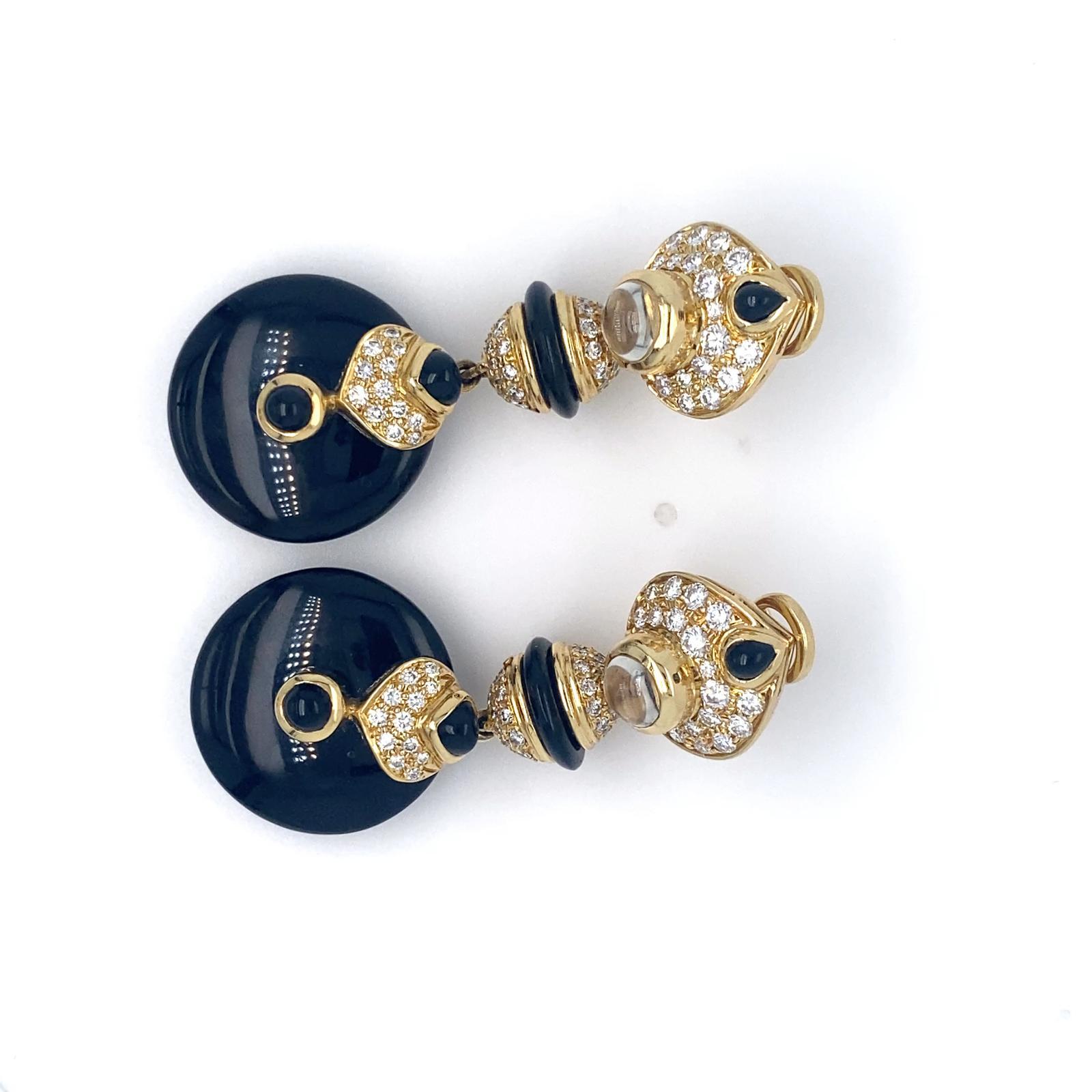 da uomo o donna Orecchini in oro giallo 18k e onice nero con pietra di luna e diamanti da 1,66 carati in vendita