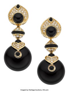 18k Yellow Gold & Black Onyx Earrings w/ Moonstone & 1.66ct Diamond Accents