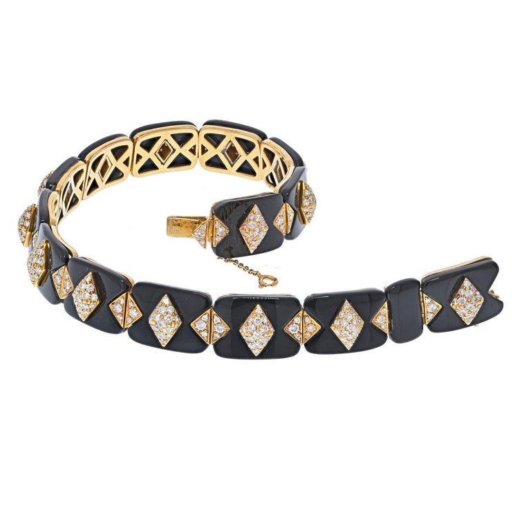 18K Yellow Gold Black Onyx Fine Diamonds Estate Choker Necklace For