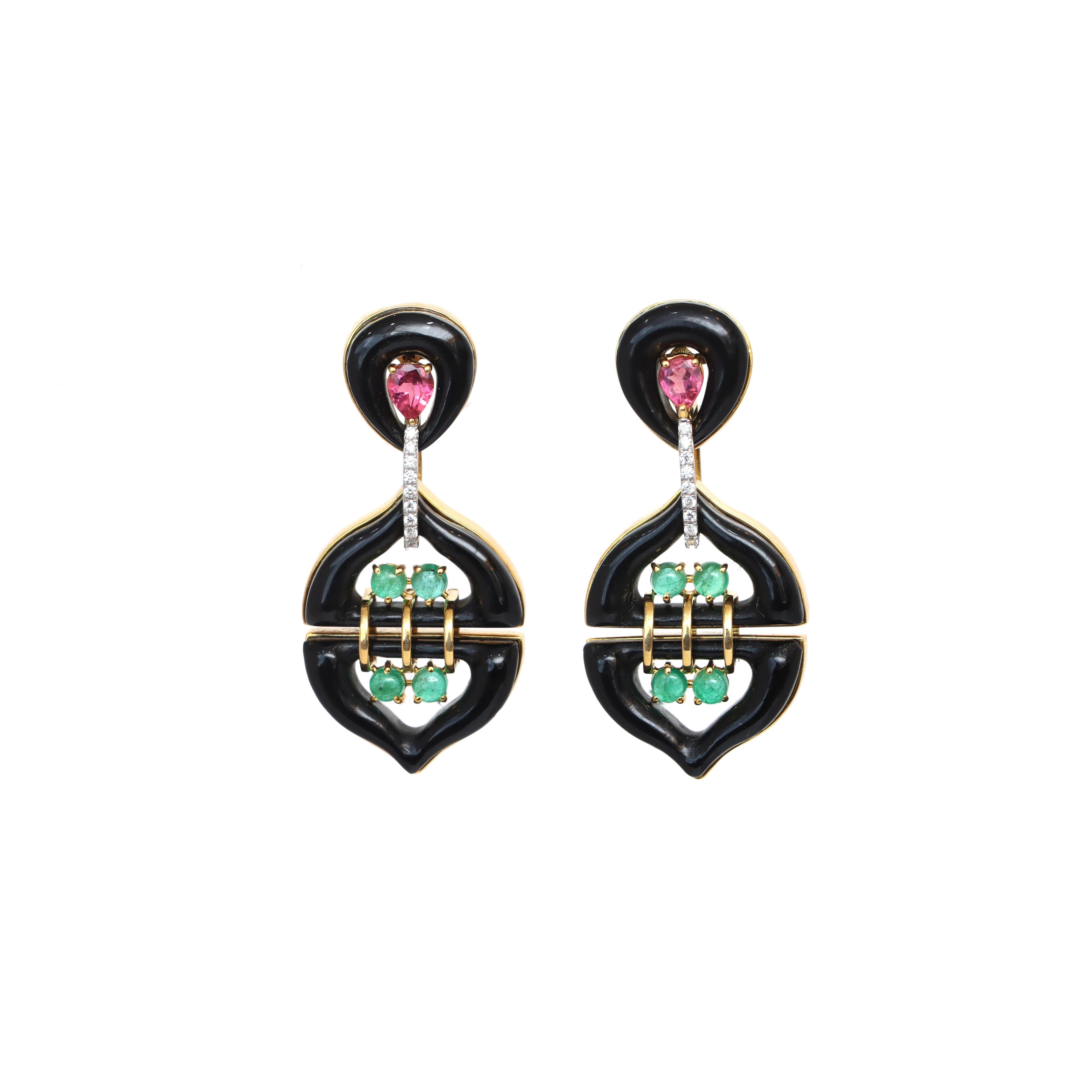 Art nouveau Boucles d'oreilles en or jaune 18k Onyx noir Tourmaline rose Émeraude avec diamant en vente