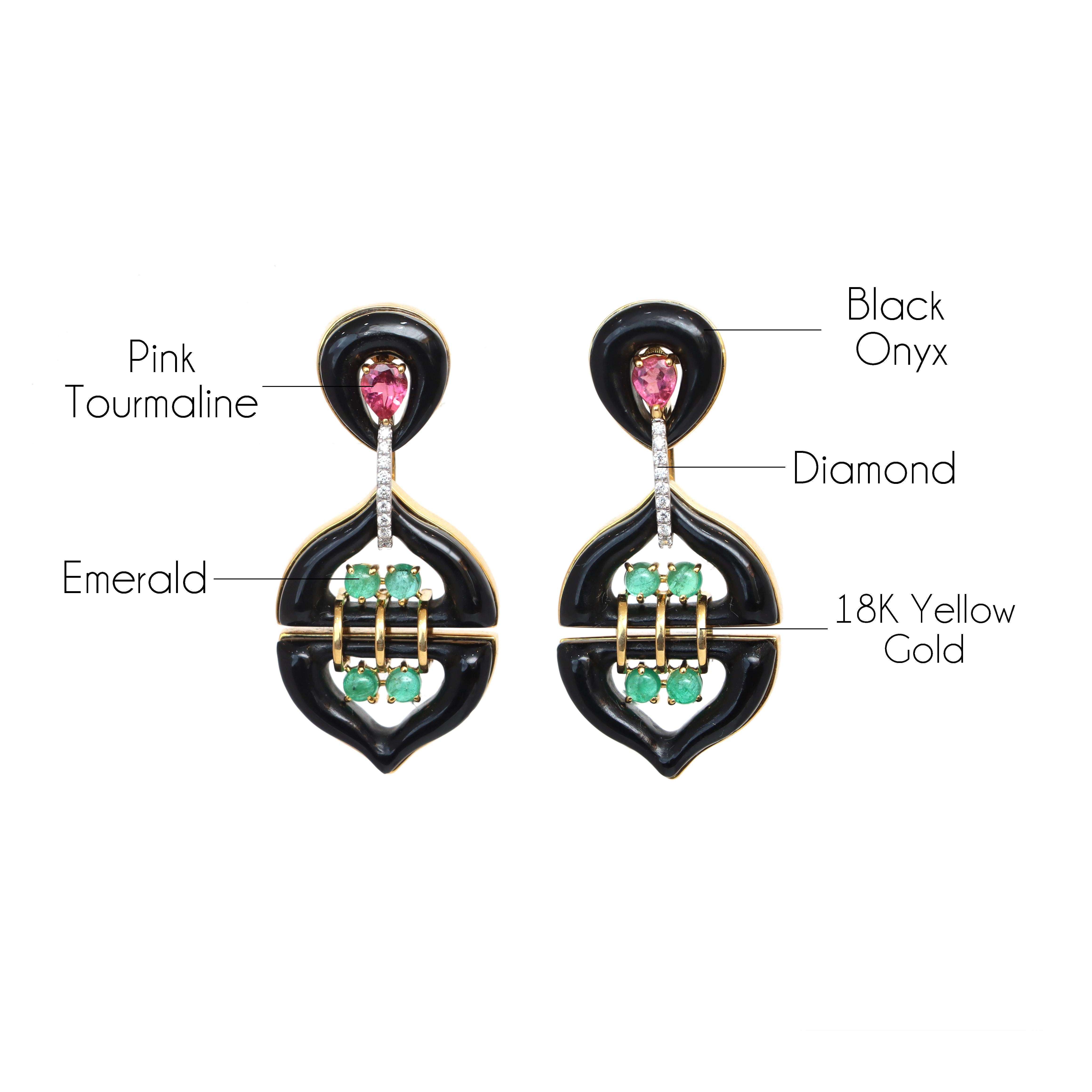 Taille ronde Boucles d'oreilles en or jaune 18k Onyx noir Tourmaline rose Émeraude avec diamant en vente