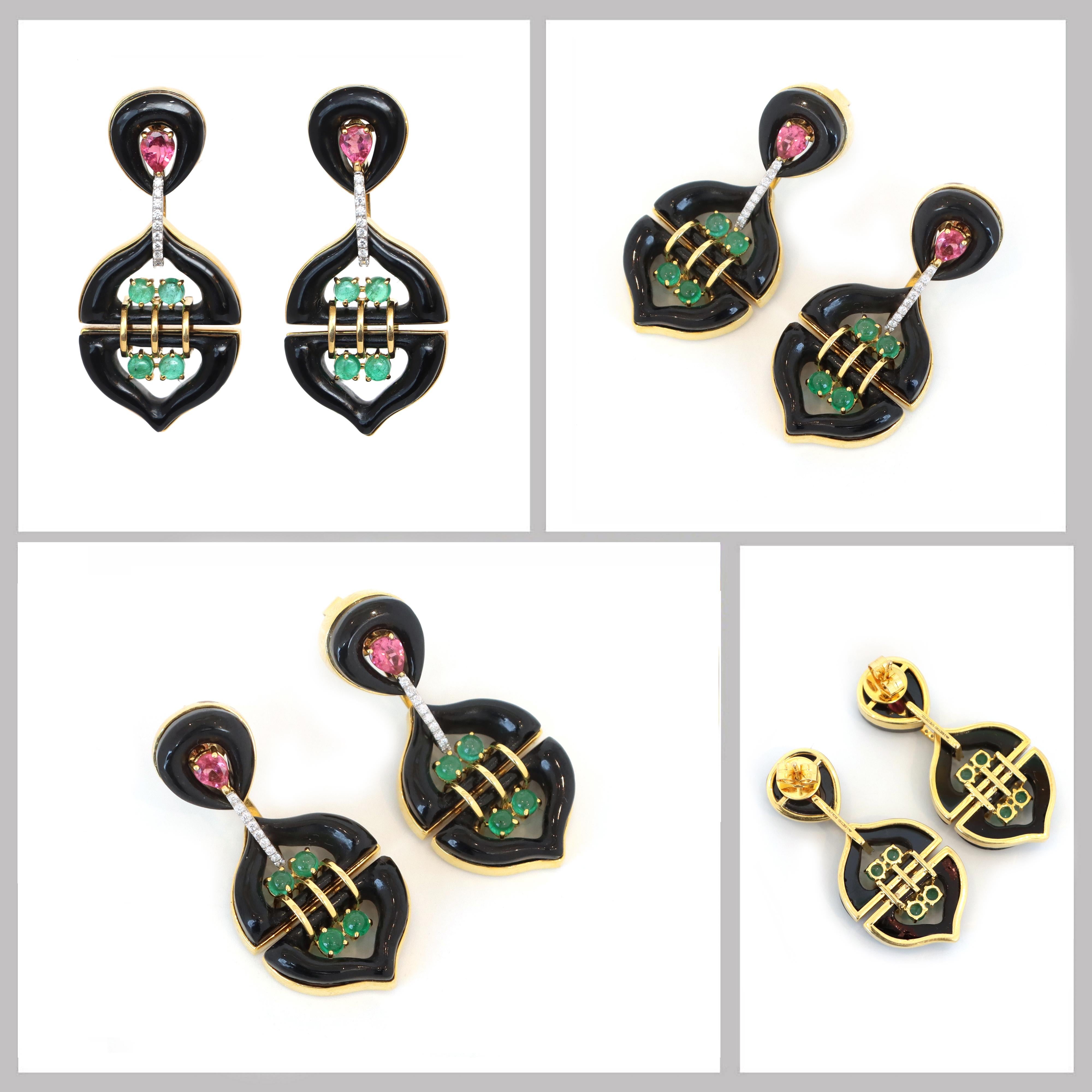 Boucles d'oreilles en or jaune 18k Onyx noir Tourmaline rose Émeraude avec diamant Neuf - En vente à Jaipur, IN