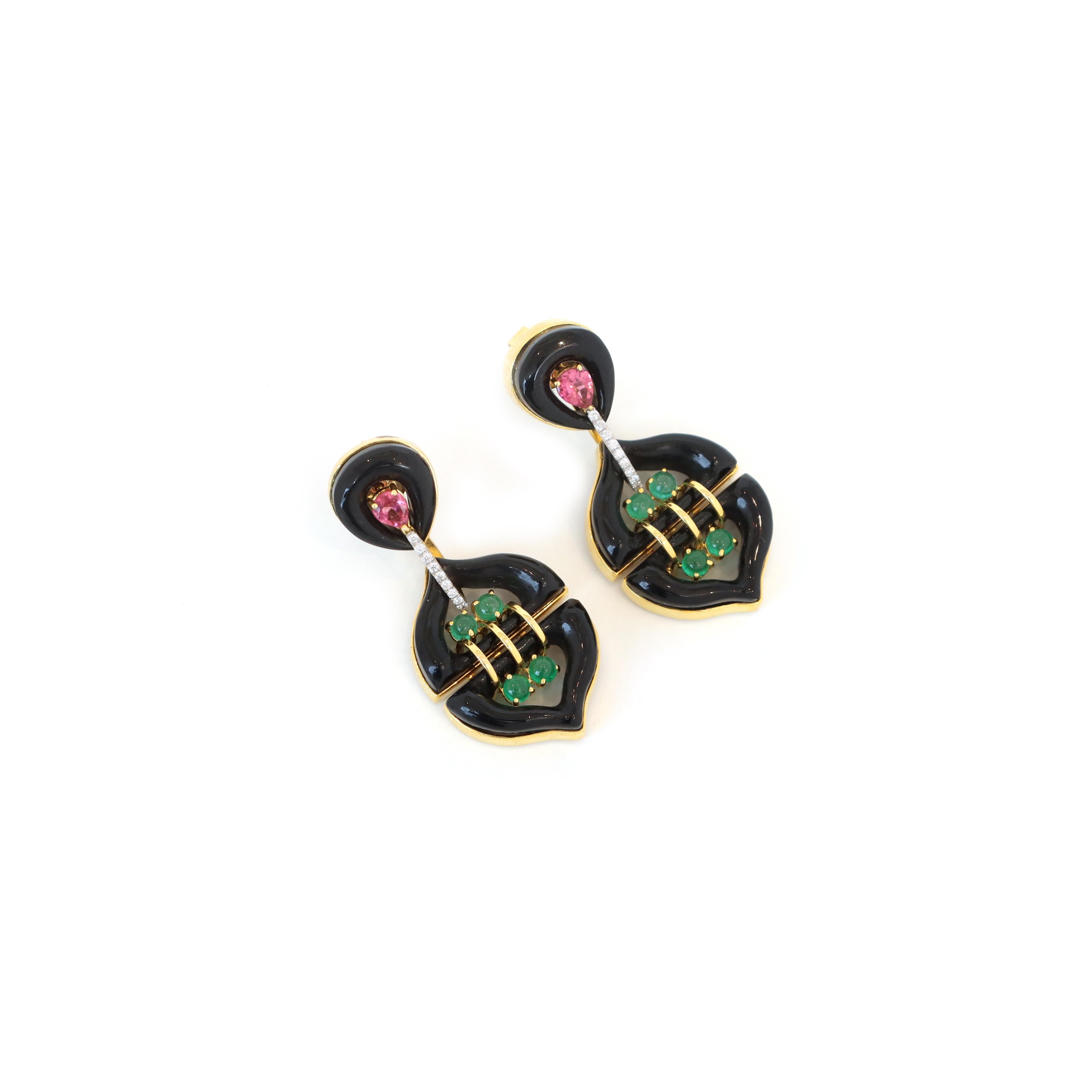 Boucles d'oreilles en or jaune 18k Onyx noir Tourmaline rose Émeraude avec diamant en vente 1