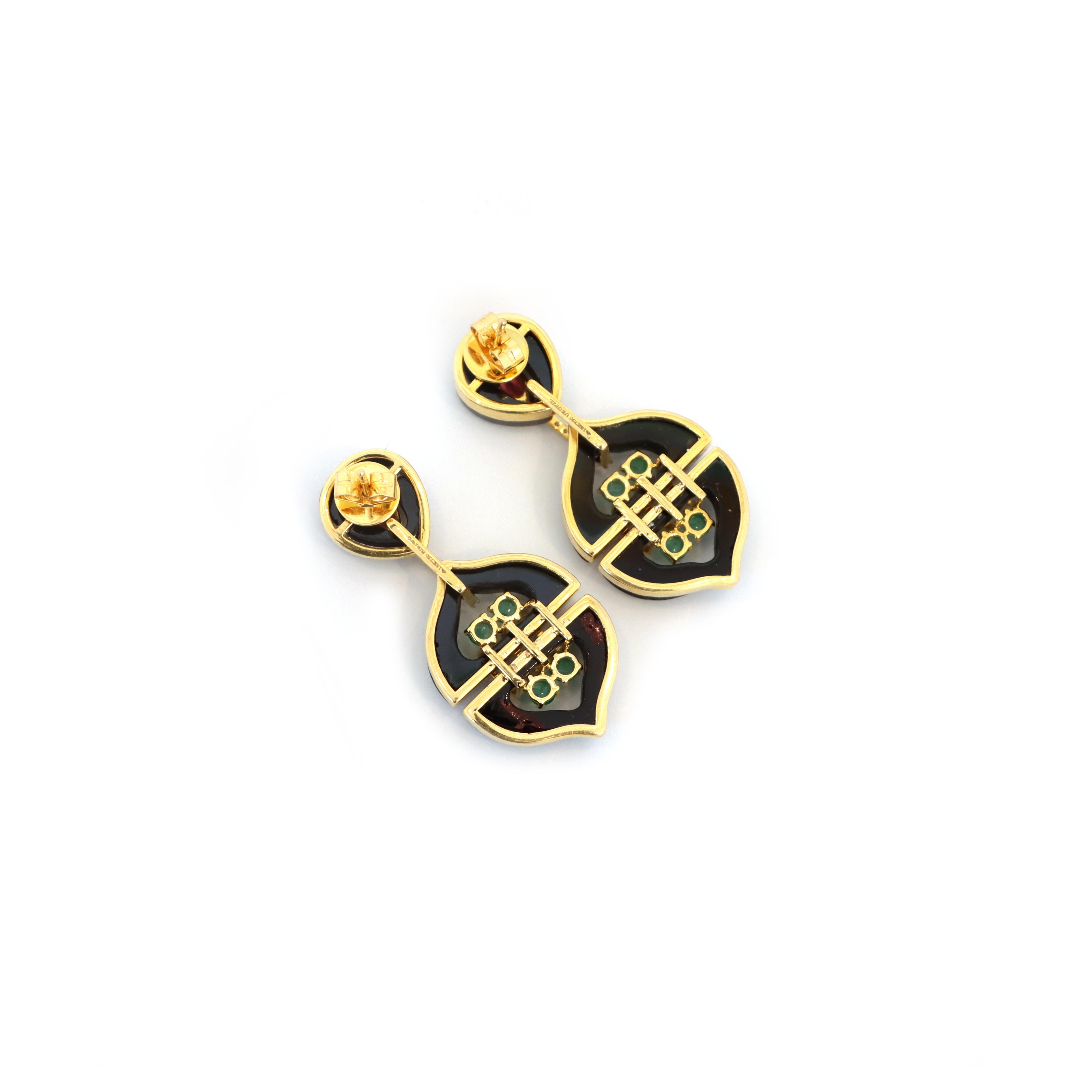 Boucles d'oreilles en or jaune 18k Onyx noir Tourmaline rose Émeraude avec diamant en vente 2