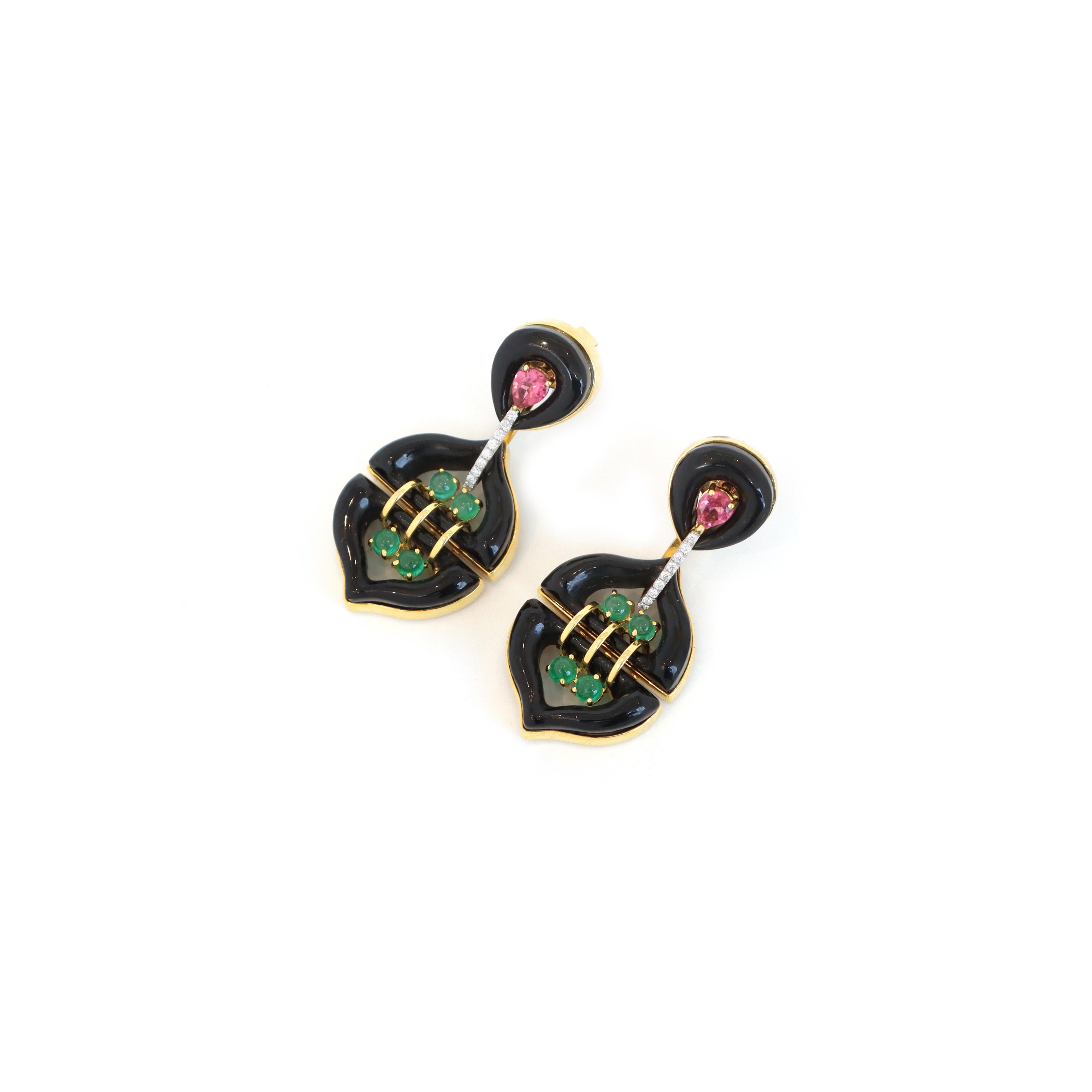 Boucles d'oreilles en or jaune 18k Onyx noir Tourmaline rose Émeraude avec diamant en vente 3