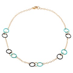 18K Yellow Gold Black Onyx & Turquoise Circle Pendant Necklace, Italy