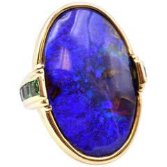 18 Karat Yellow Gold Black Opal and Tsavorite Custom Designed Ring