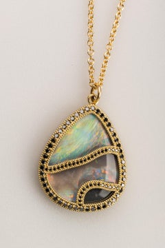 18 Karat Yellow Gold Black Opal Necklace with Black Diamonds