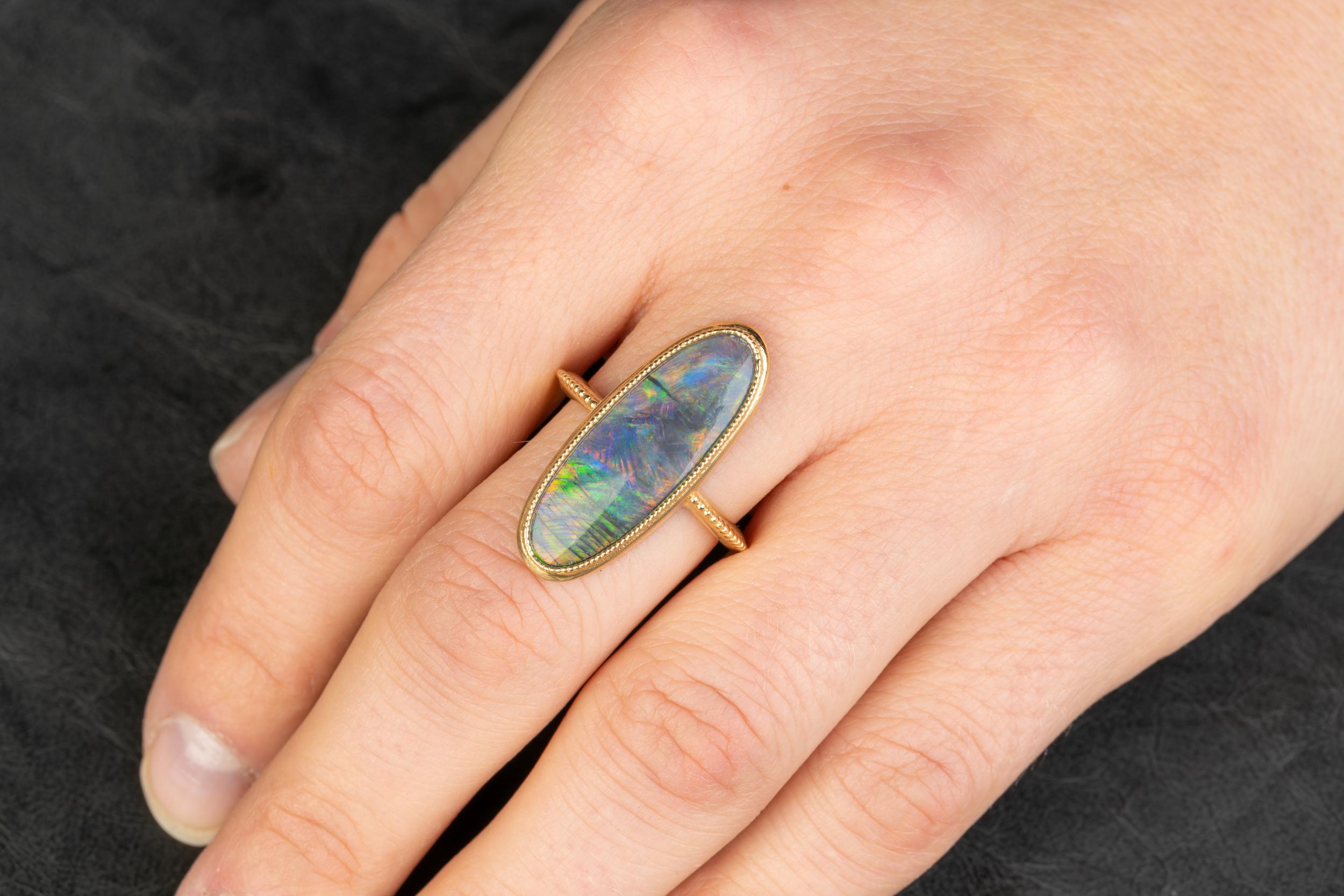 18 Karat Yellow Gold Black Opal Ring In New Condition In Greenville, SC