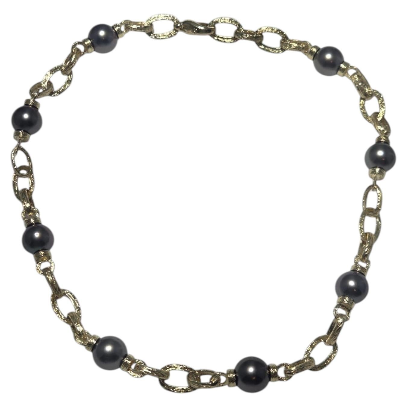 18K Gelbgold Schwarz Perle strukturierte Link Halskette 16" #25080 im Angebot