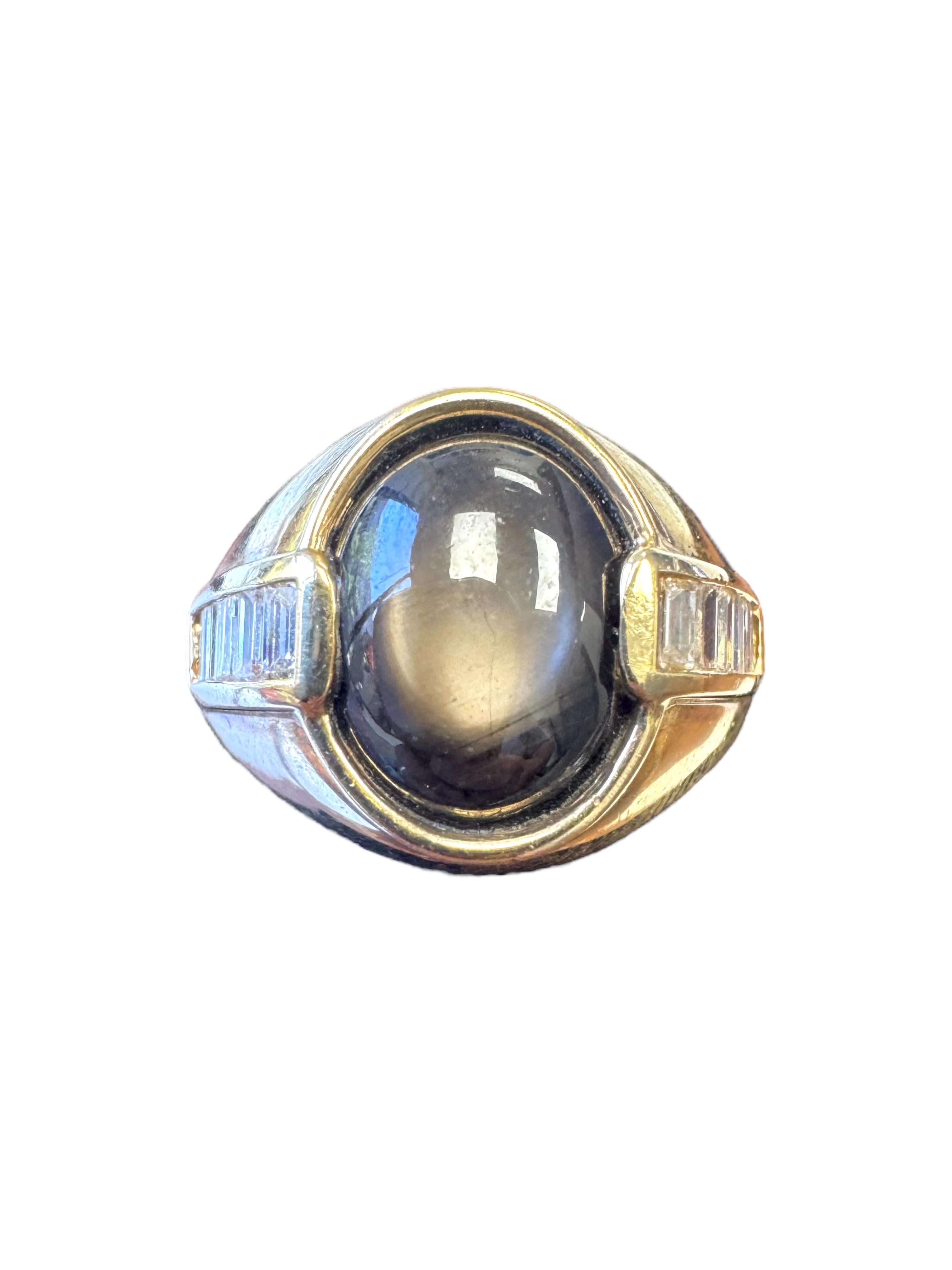 18K Yellow Gold Ring with Black Star Sapphire and Baguette Diamond Accents For Sale 2
