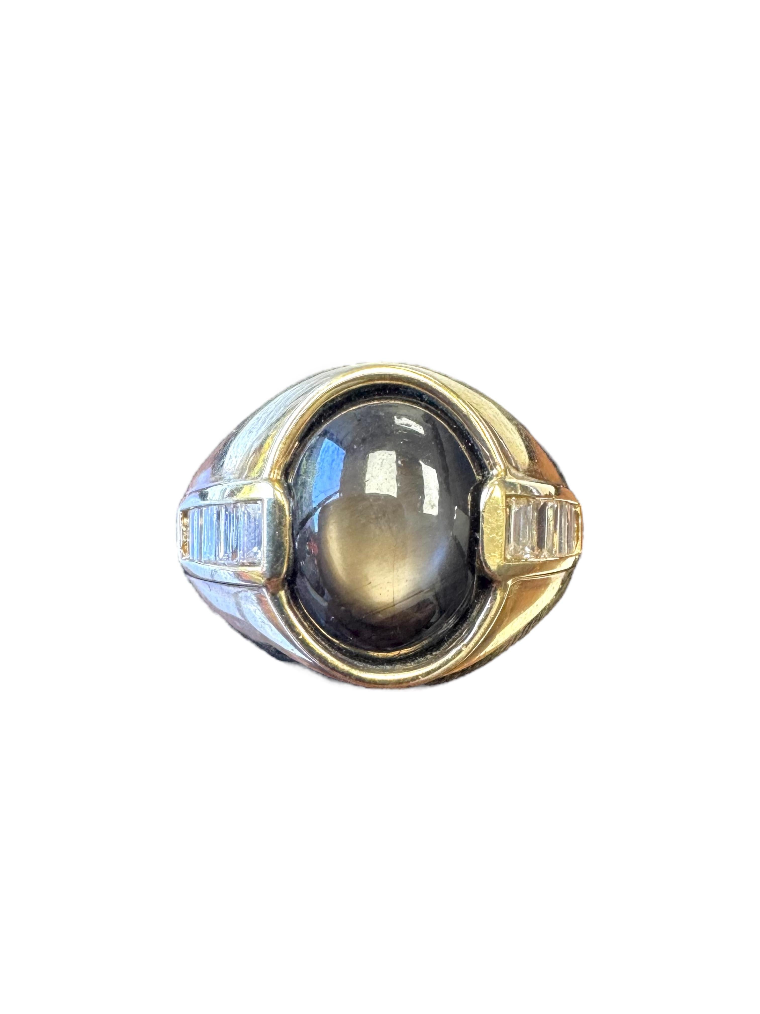 18K Yellow Gold Ring with Black Star Sapphire and Baguette Diamond Accents For Sale 3