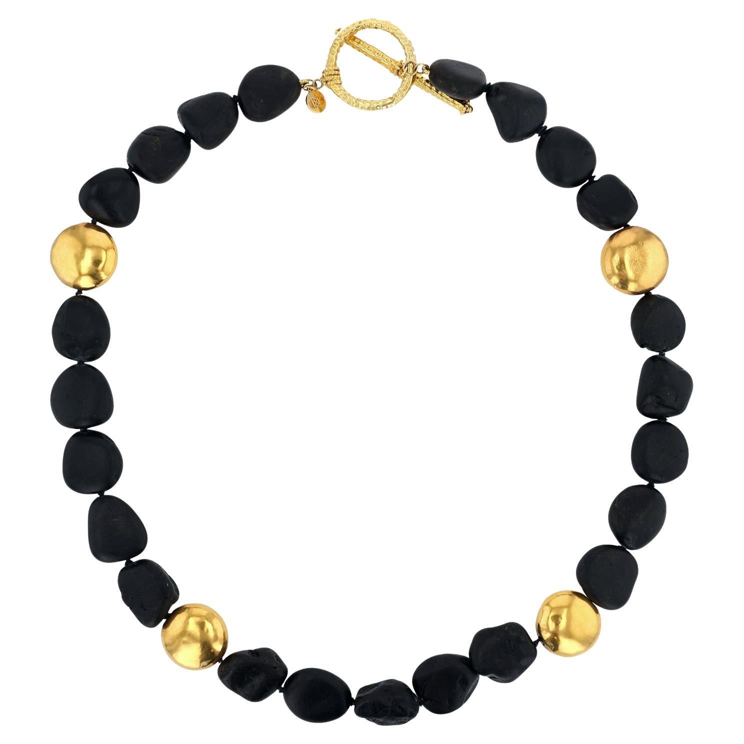 18K Yellow Gold Black Tourmaline and Gold Bead Necklace