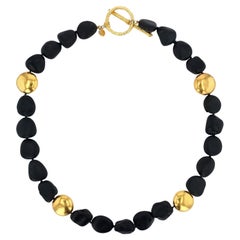 18K Yellow Gold Black Tourmaline and Gold Bead Necklace