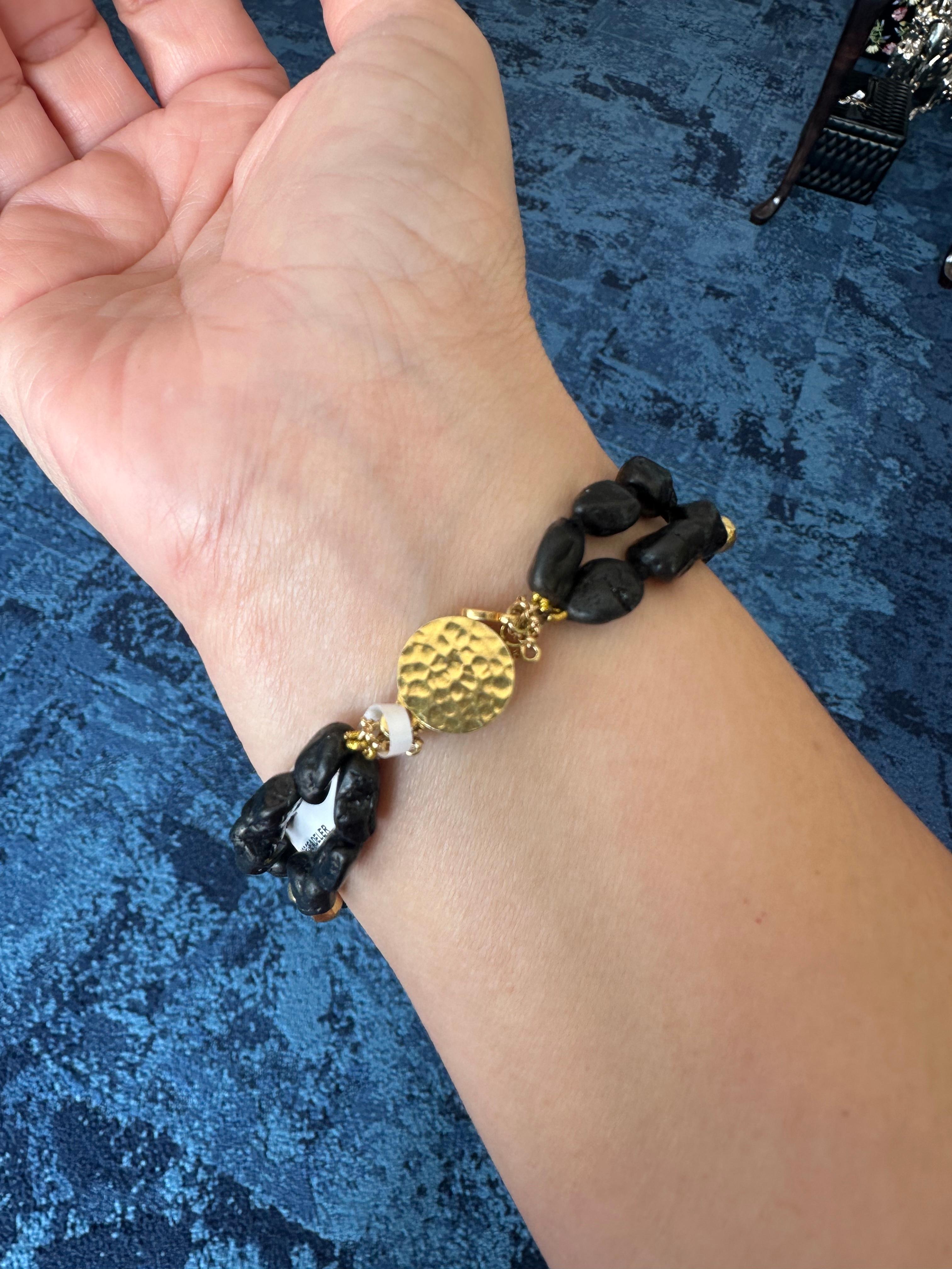 18K Yellow Gold Black Tourmaline Double Strand Bracelet Cuenta en venta