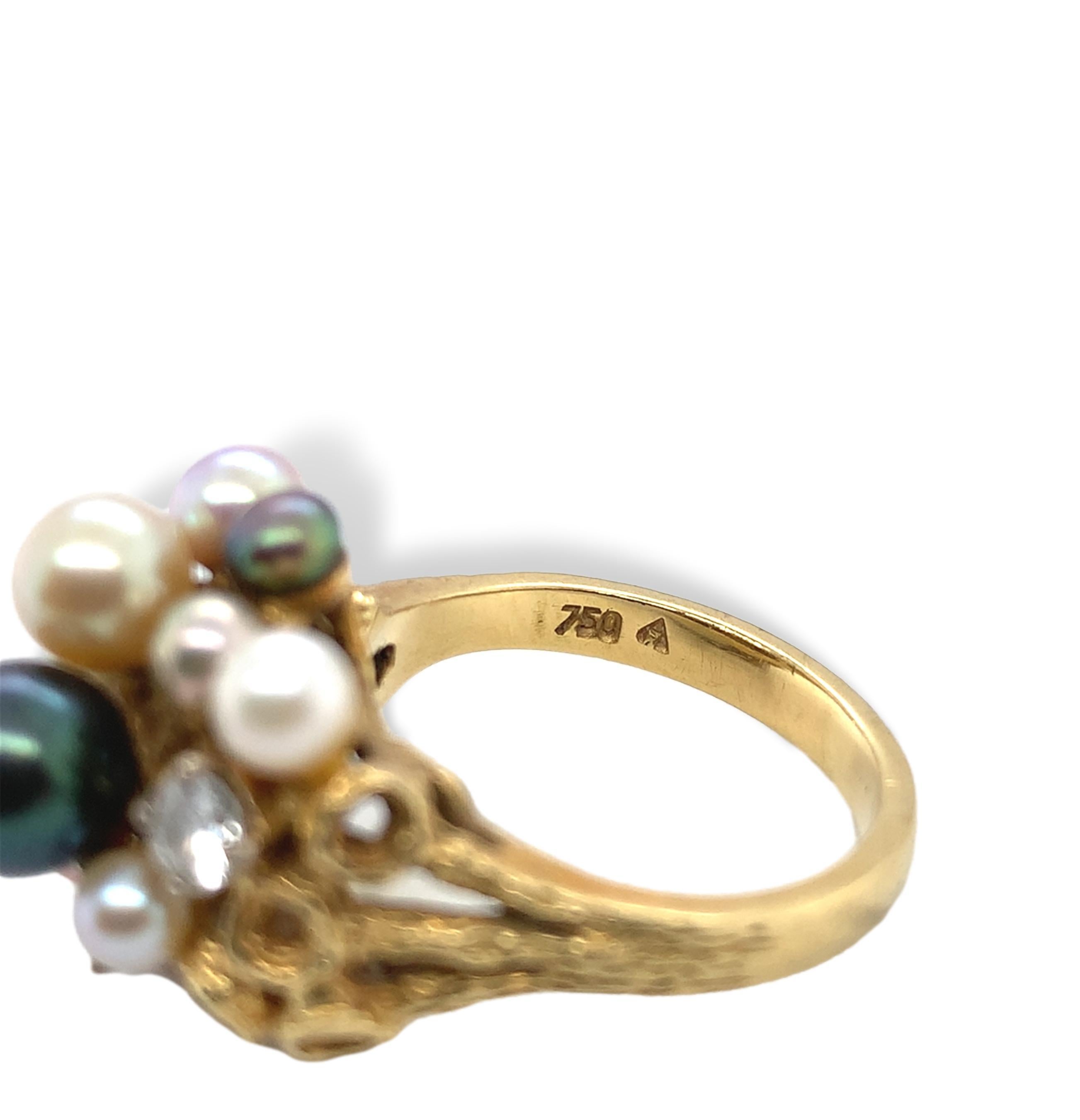 Anello in oro giallo 18 carati con perle nere, bianche e rosa e diamanti, misura 6,5 in vendita 6