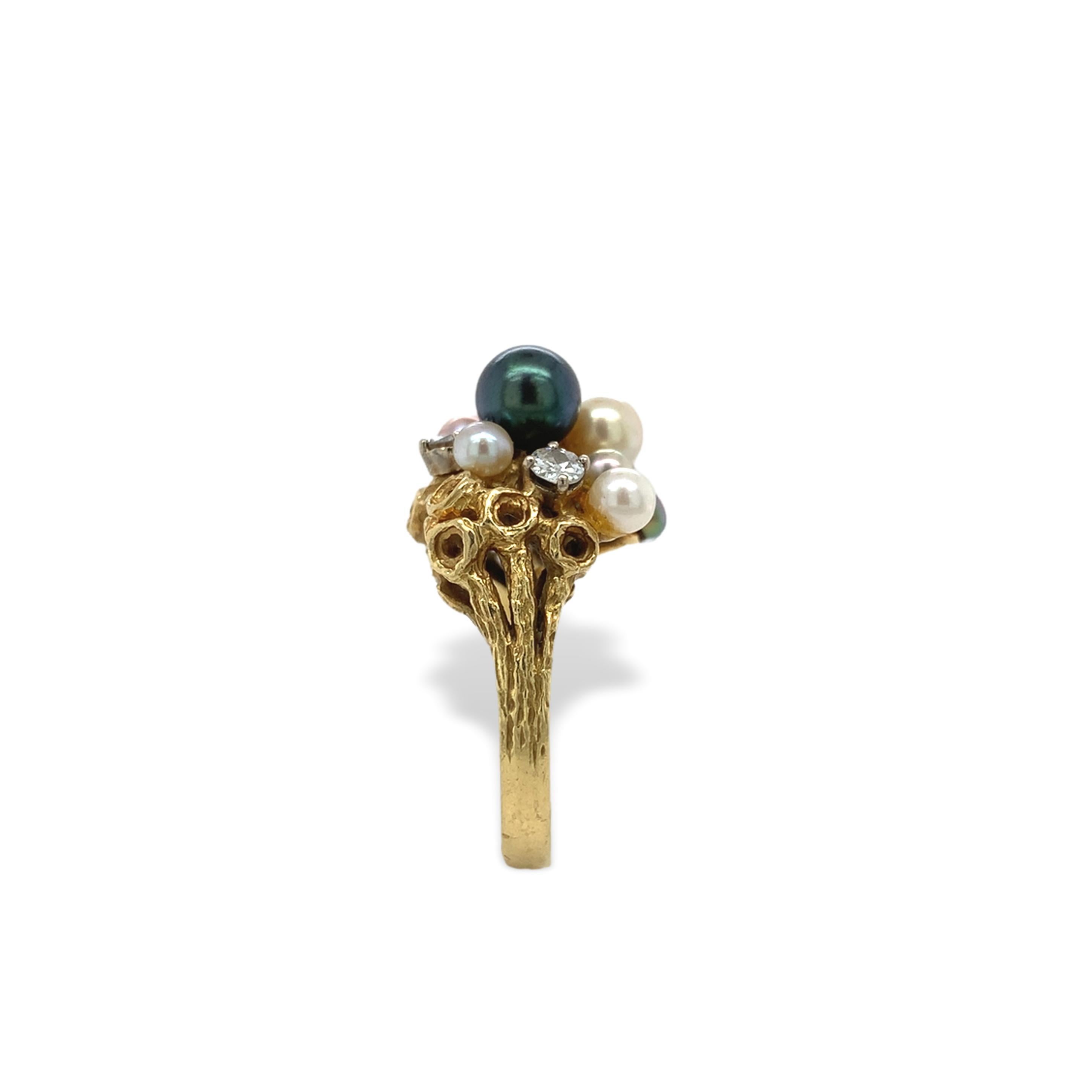 Anello in oro giallo 18 carati con perle nere, bianche e rosa e diamanti, misura 6,5 In condizioni buone in vendita a Big Bend, WI