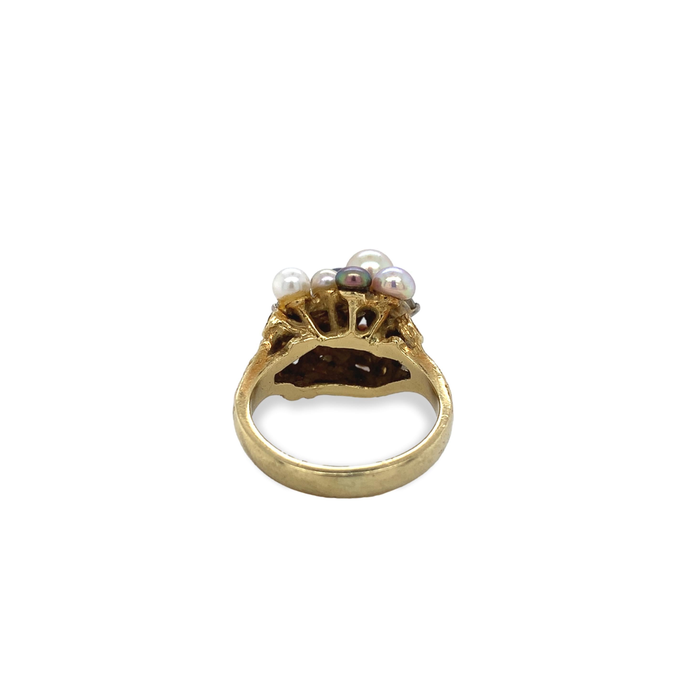 Anello in oro giallo 18 carati con perle nere, bianche e rosa e diamanti, misura 6,5 in vendita 3