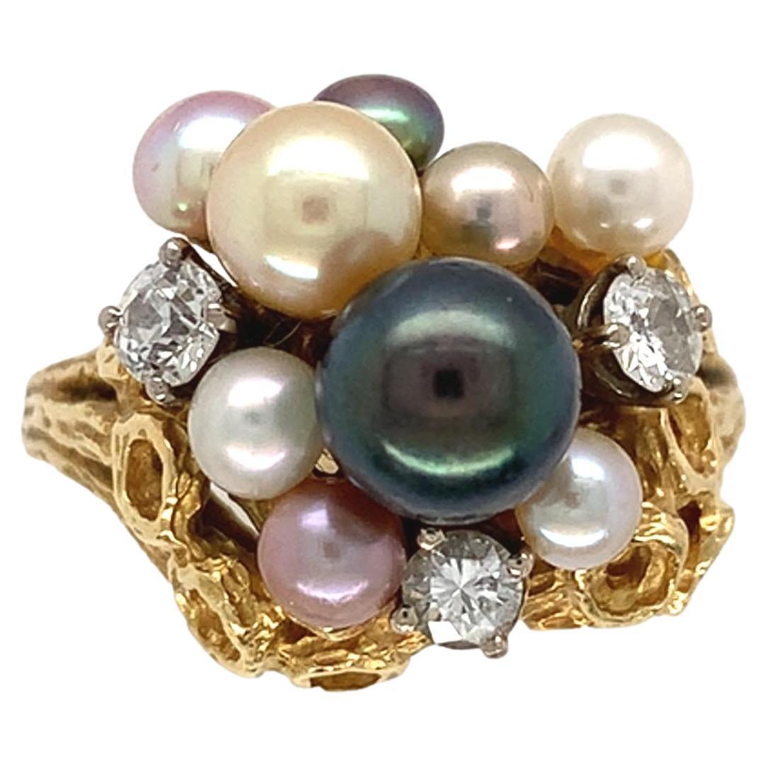 Bague en or jaune 18 carats, perles noires, blanches et roses et diamants taille 6,5