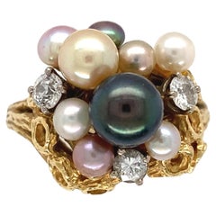 18K yellow gold Black, White and Pink Pearl and Diamond Ring size 6.5