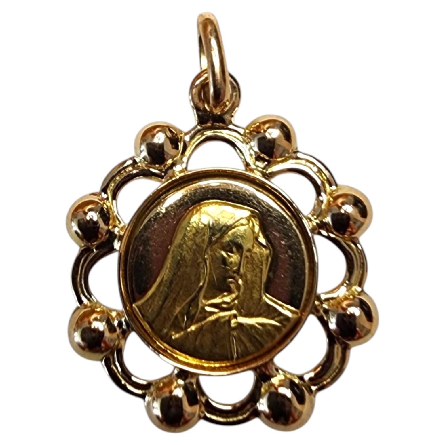 18K Yellow Gold Blessed Mother Pendant #25513 For Sale