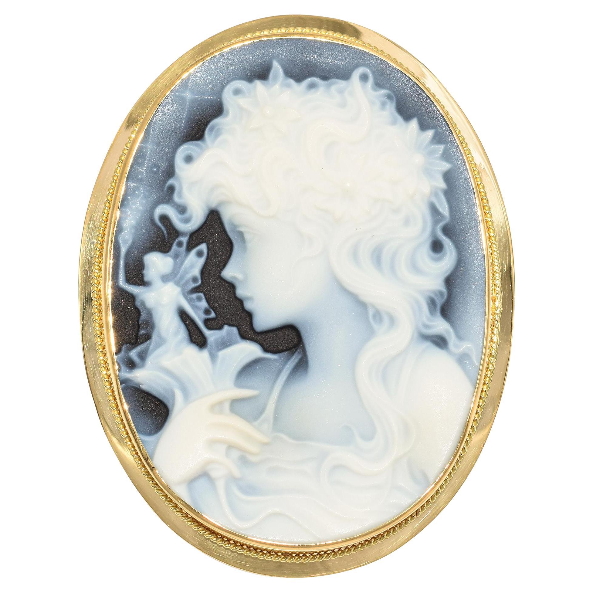 18k Yellow Gold Blue Agate Carved Woman Holding Fairy Cameo Pin Brooch Pendant