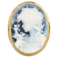 18k Yellow Gold Blue Agate Carved Woman Holding Fairy Cameo Pin Brooch Pendant