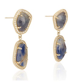 18 Karat Yellow Gold Blue and Cognac Sapphire Diamond Halo Slice Earrings