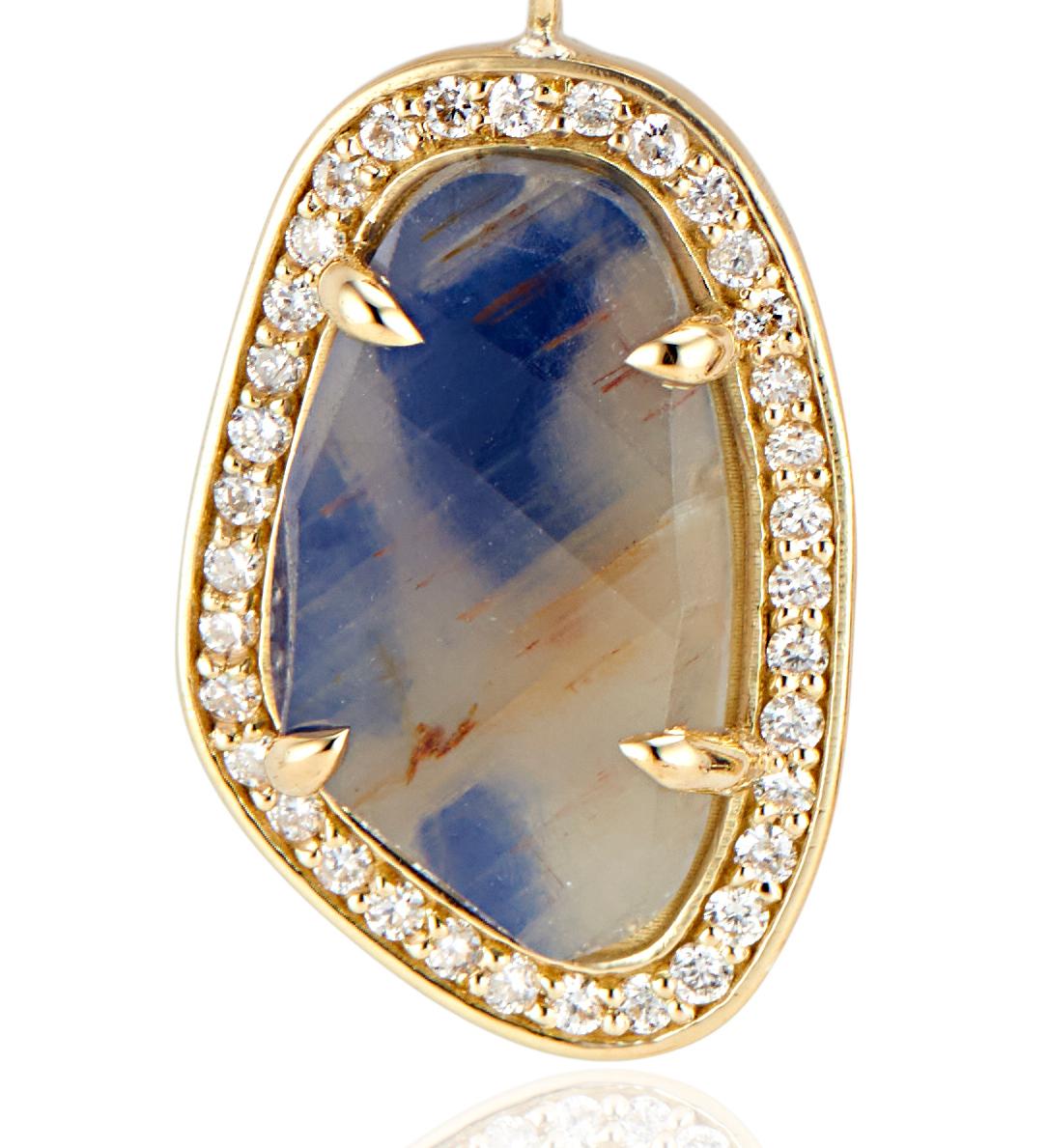 Round Cut 18 Karat Yellow Gold Blue and Cognac Sapphire Diamond Halo Slice Earrings For Sale
