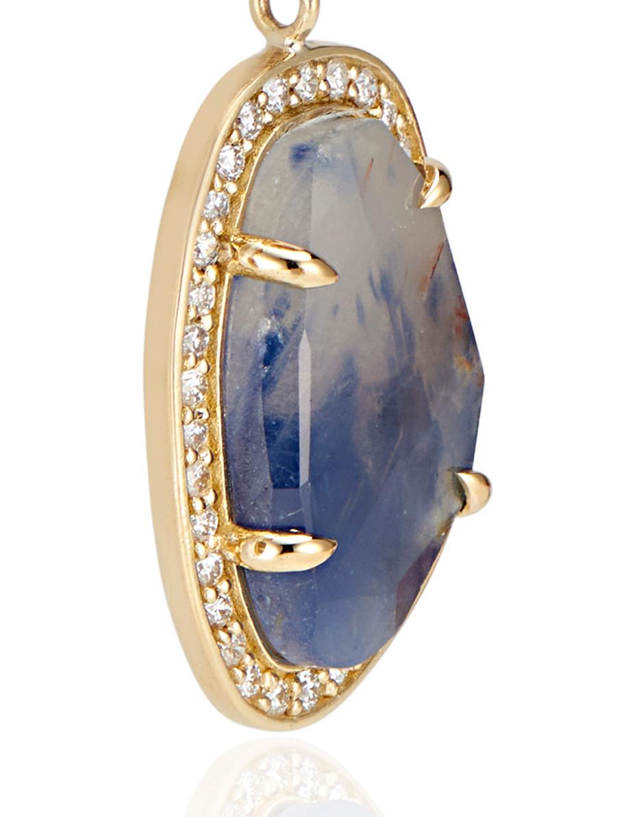 Women's 18 Karat Yellow Gold Blue and Cognac Sapphire Diamond Halo Slice Earrings For Sale