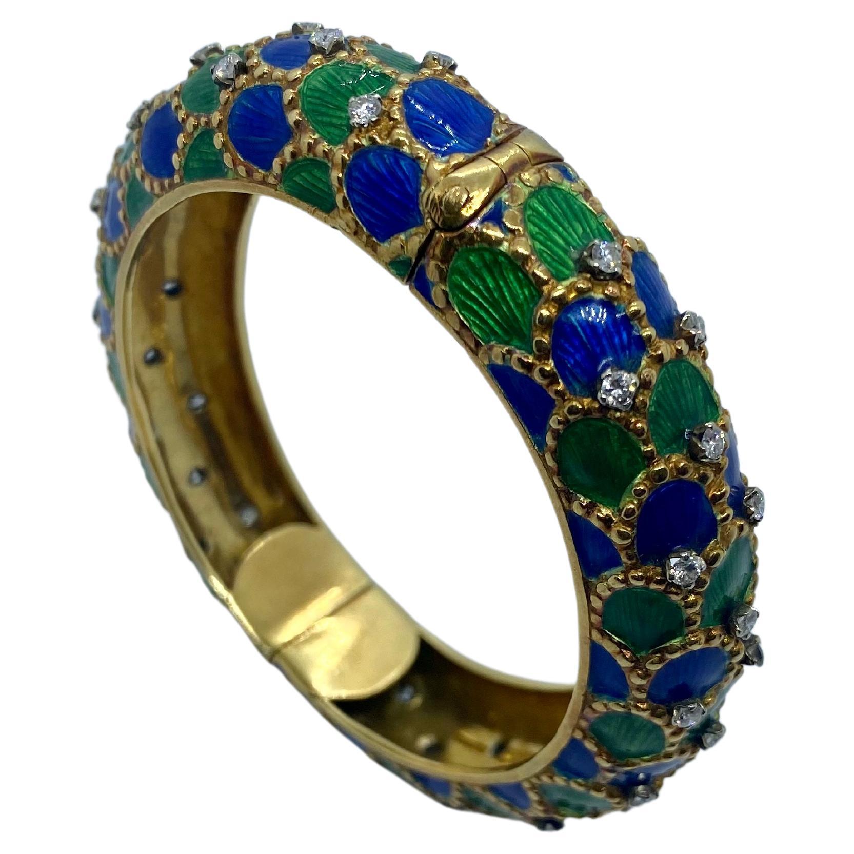 18k Yellow Gold Blue and Green Enamel Fishnet Bangle with Diamonds 1960 For Sale