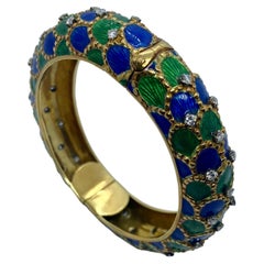 Vintage 18k Yellow Gold Blue and Green Enamel Fishnet Bangle with Diamonds 1960