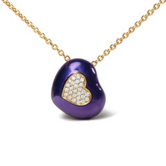 18K Yellow Gold Blue Enamel 1/10 Carat Diamonds Heart Shape Pendant Necklace