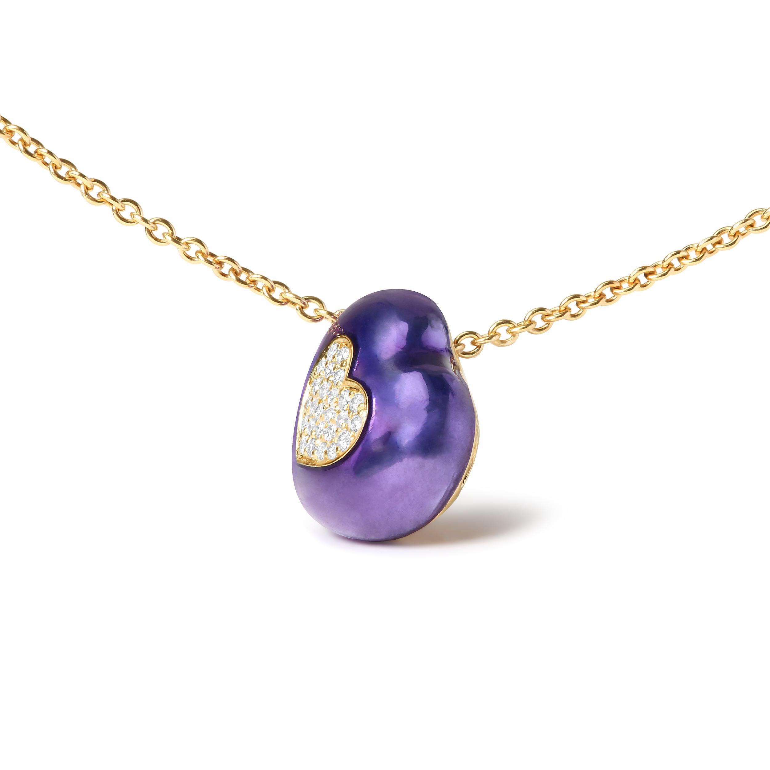 Contemporary 18K Yellow Gold Blue Enamel 1/10 Carat Diamonds Heart Shape Pendant Necklace For Sale