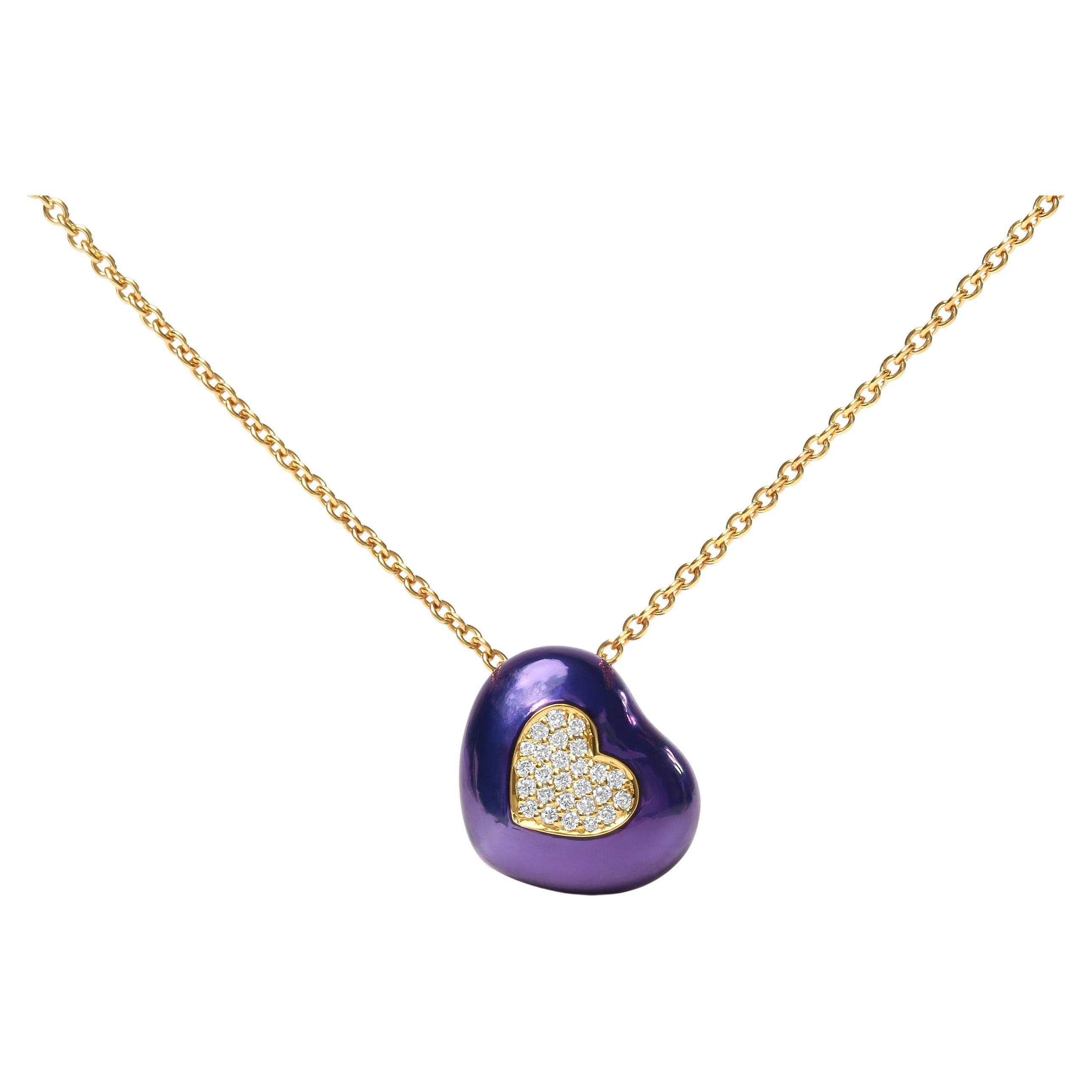 18K Yellow Gold Blue Enamel 1/10 Carat Diamonds Heart Shape Pendant Necklace For Sale