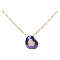 18K Yellow Gold Blue Enamel 1/10 Carat Diamonds Heart Shape Pendant Necklace