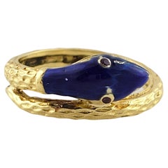 Vintage 18K Yellow Gold Blue Enamel Snake Ring with Faceted Stone Eyes