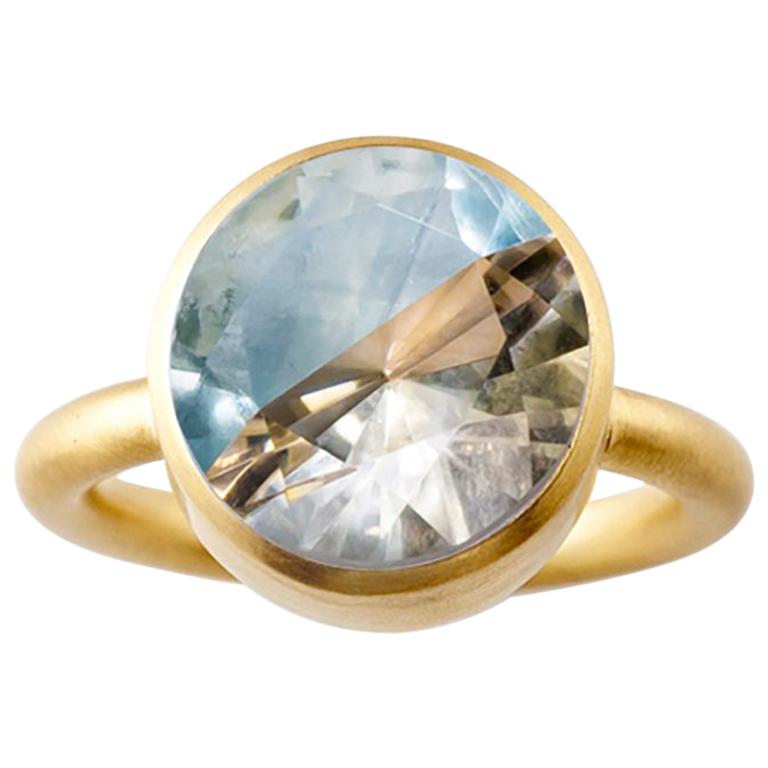 18K Yellow Gold Blue Fluorite Cognac Quart Two-Stone Modern Cocktail Ring 7-13 For Sale