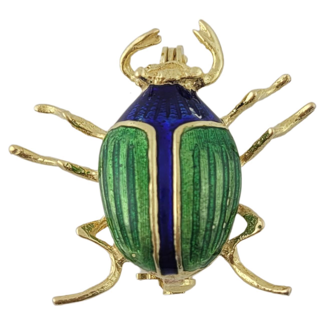18K Yellow Gold Blue Green Enamel Beetle Bug Pin Brooch For Sale