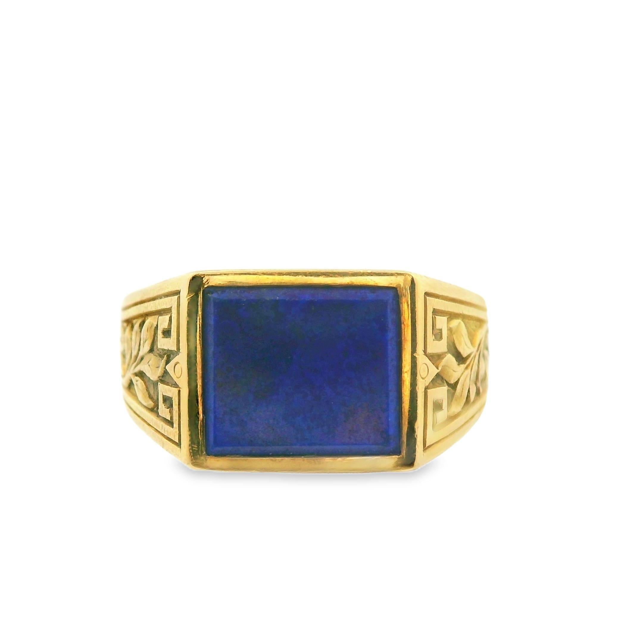 This 18k yellow gold blue lapis ring with engraved shoulders makes an incredible pinky ring. The center of the ring features large rectangular lapis tablet with a rich blue color that just catches the eyes. Each shoulder showcases beautiful floral