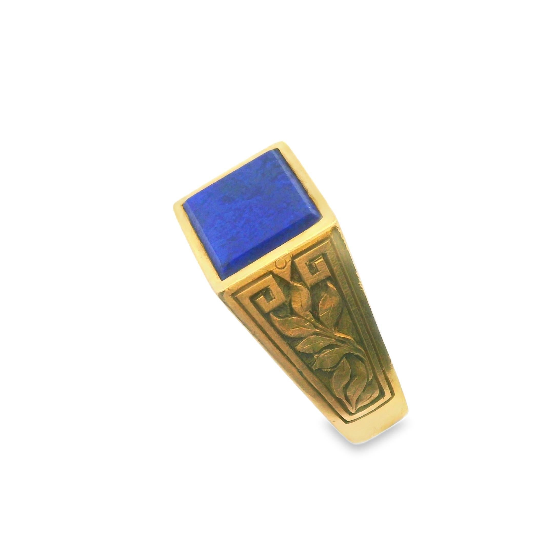 Natural Blue Faceted Lapis Ring Ca 1920 Engraved Decorated Shoulders For Sale 1