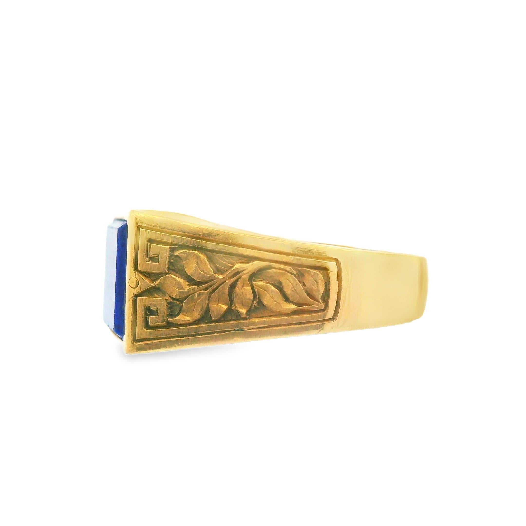 Natural Blue Faceted Lapis Ring Ca 1920 Engraved Decorated Shoulders For Sale 2