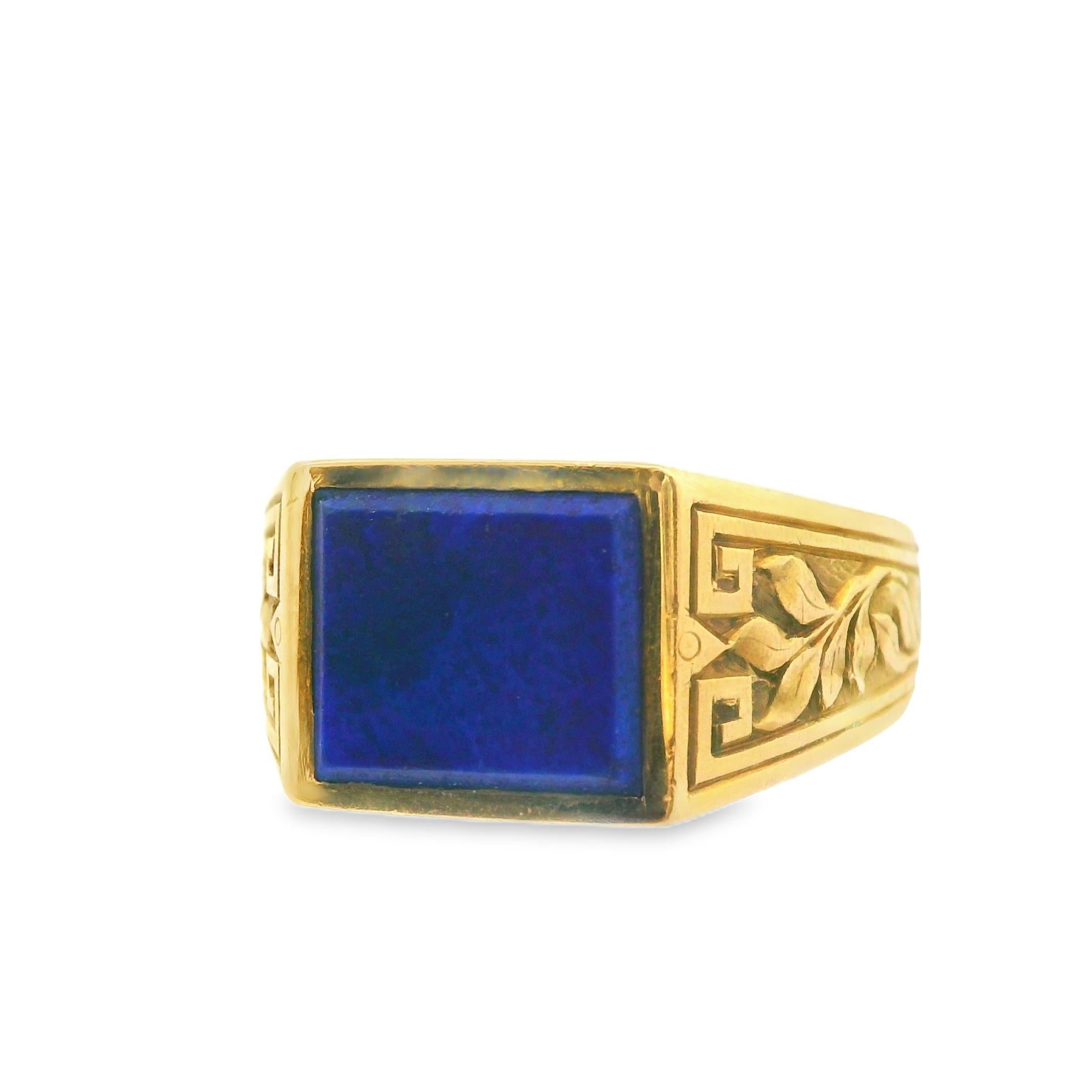 Natural Blue Faceted Lapis Ring Ca 1920 Engraved Decorated Shoulders For Sale 4