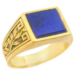 Natural Blue Faceted Lapis Ring Ca 1920 Engraved Decorated Shoulders