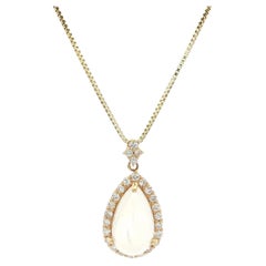 18k Yellow Gold Blue Moonstone Diamond Halo Teardrop Pear Pendant Necklace