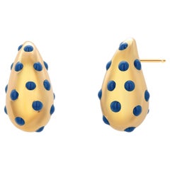18k Yellow Gold Blue Polka Dot Enamel Teardrop Earrings 092 Inch Long