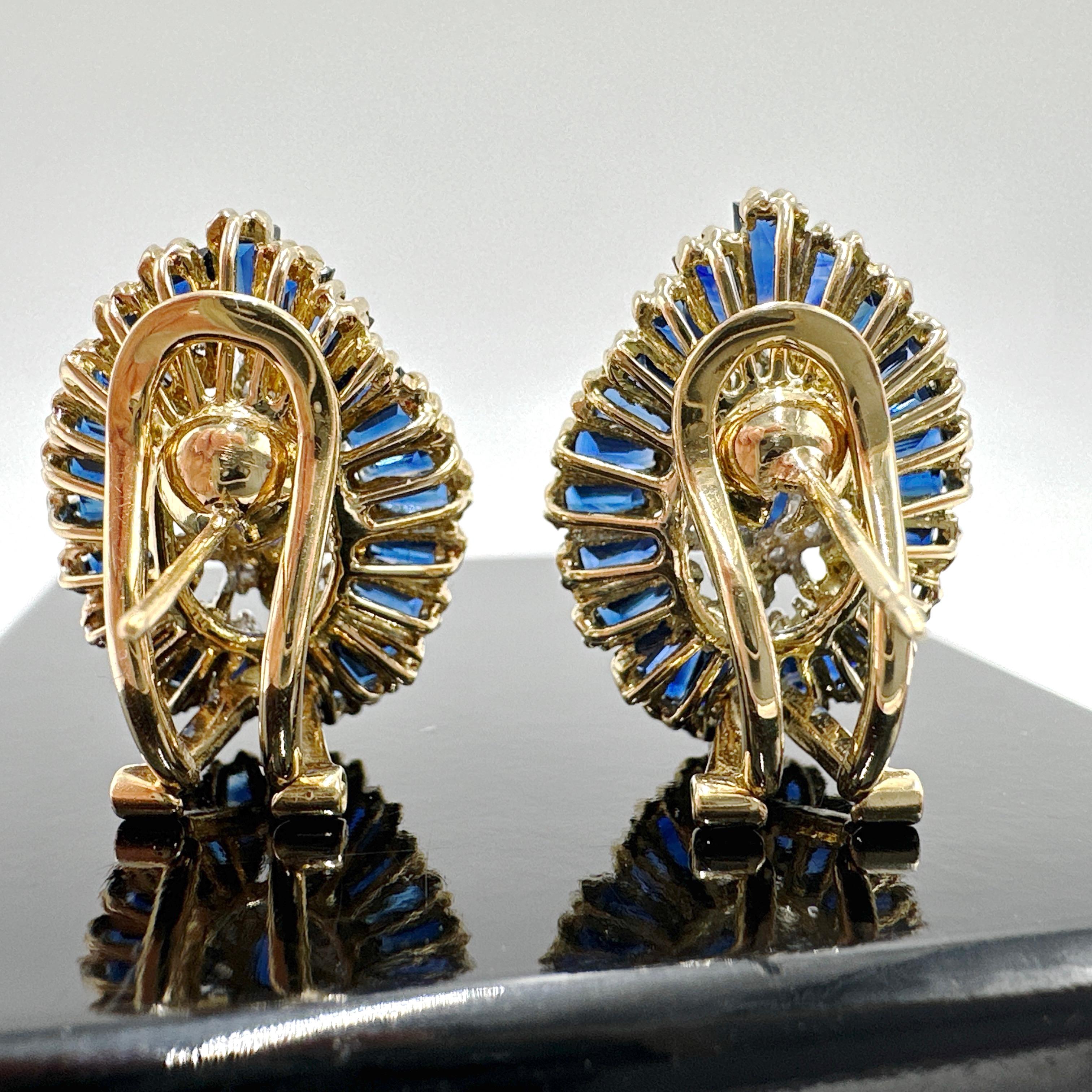 Women's 18k Yellow Gold Blue Sapphire and Diamond Cluster Earrings. 6.80TCW For Sale